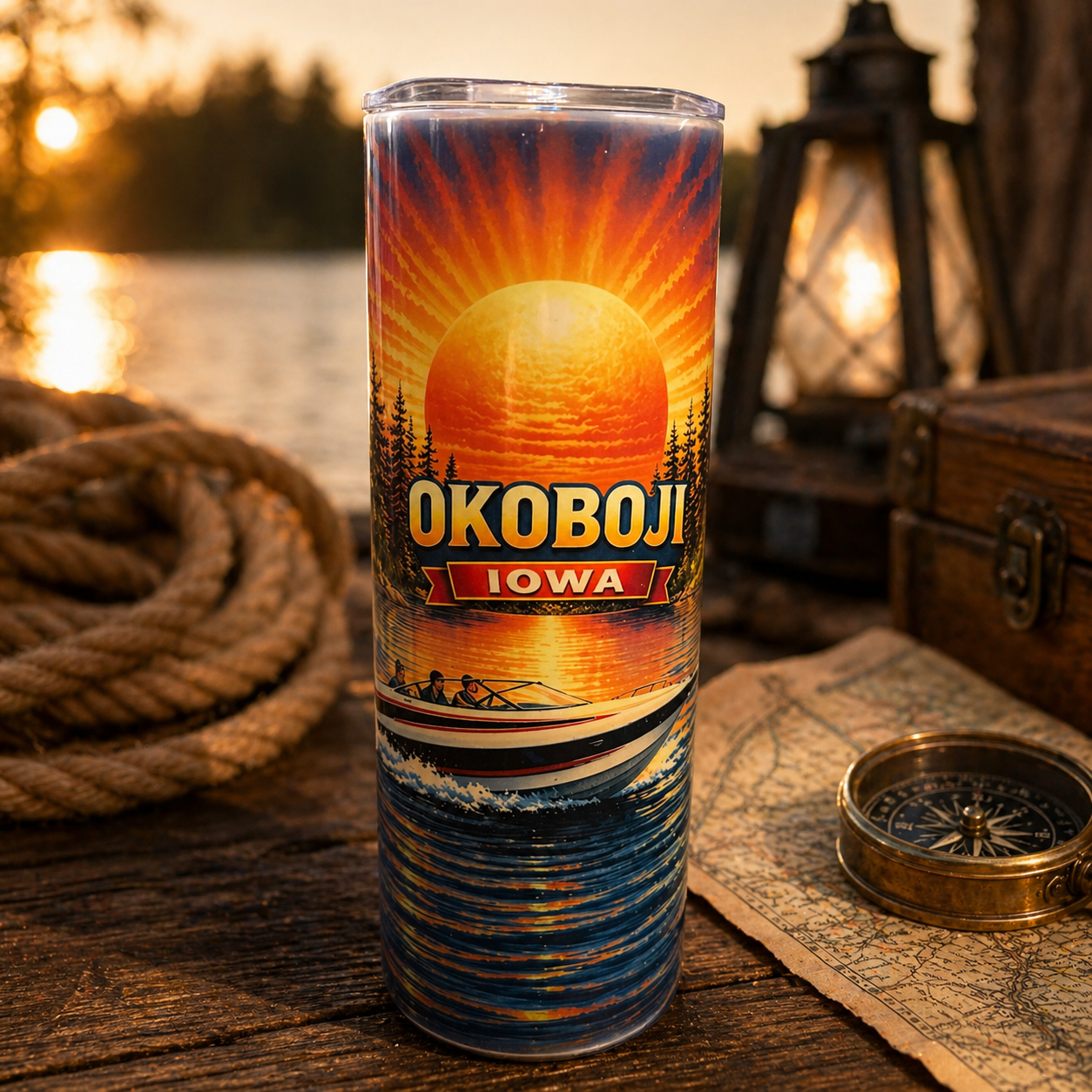Okoboji Iowa Sunset Boat Tumbler – 20oz Skinny | Bold Lake Life Design | Iowa Great Lakes