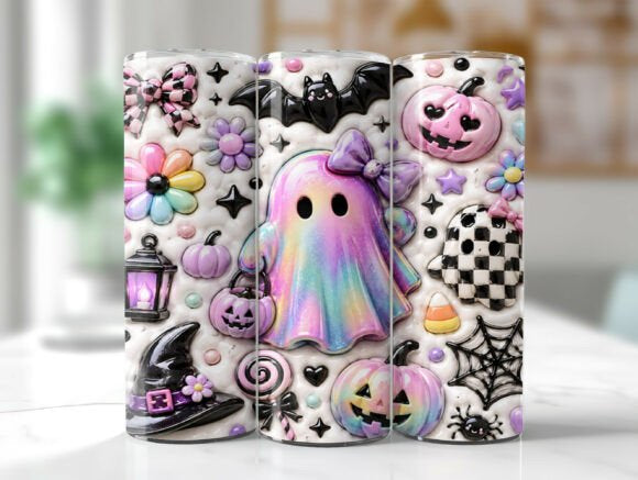 Spooky Cute Ghost Tumbler, Halloween Pink Ghost Skinny Tumbler with Straw, Witchy Pumpkin Drinkware