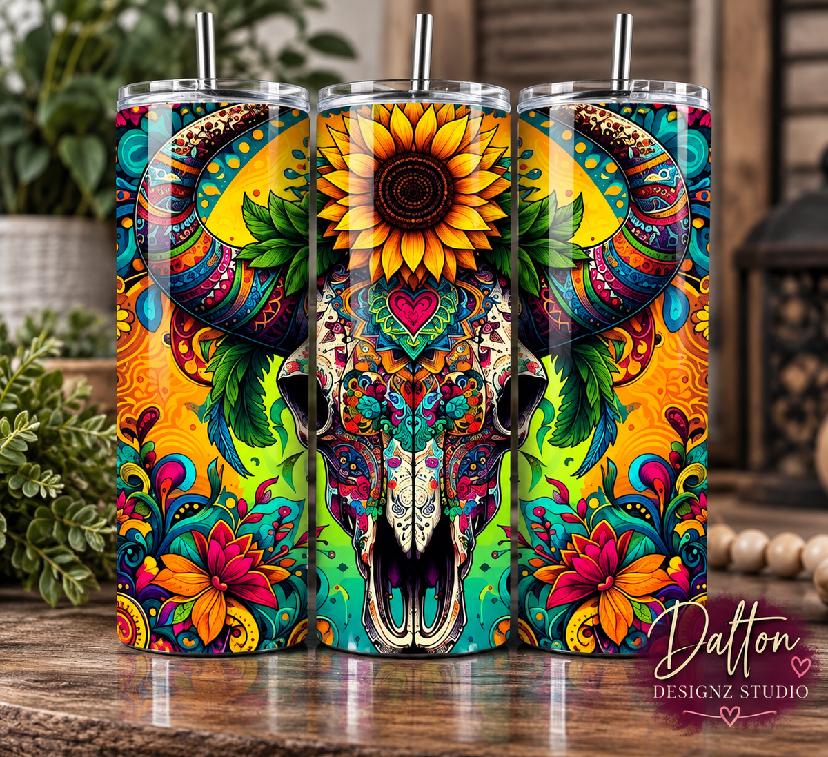 Sunflower Bull Skull Tumbler, Bohemian Floral Longhorn Skinny Tumbler, Country Drinkware