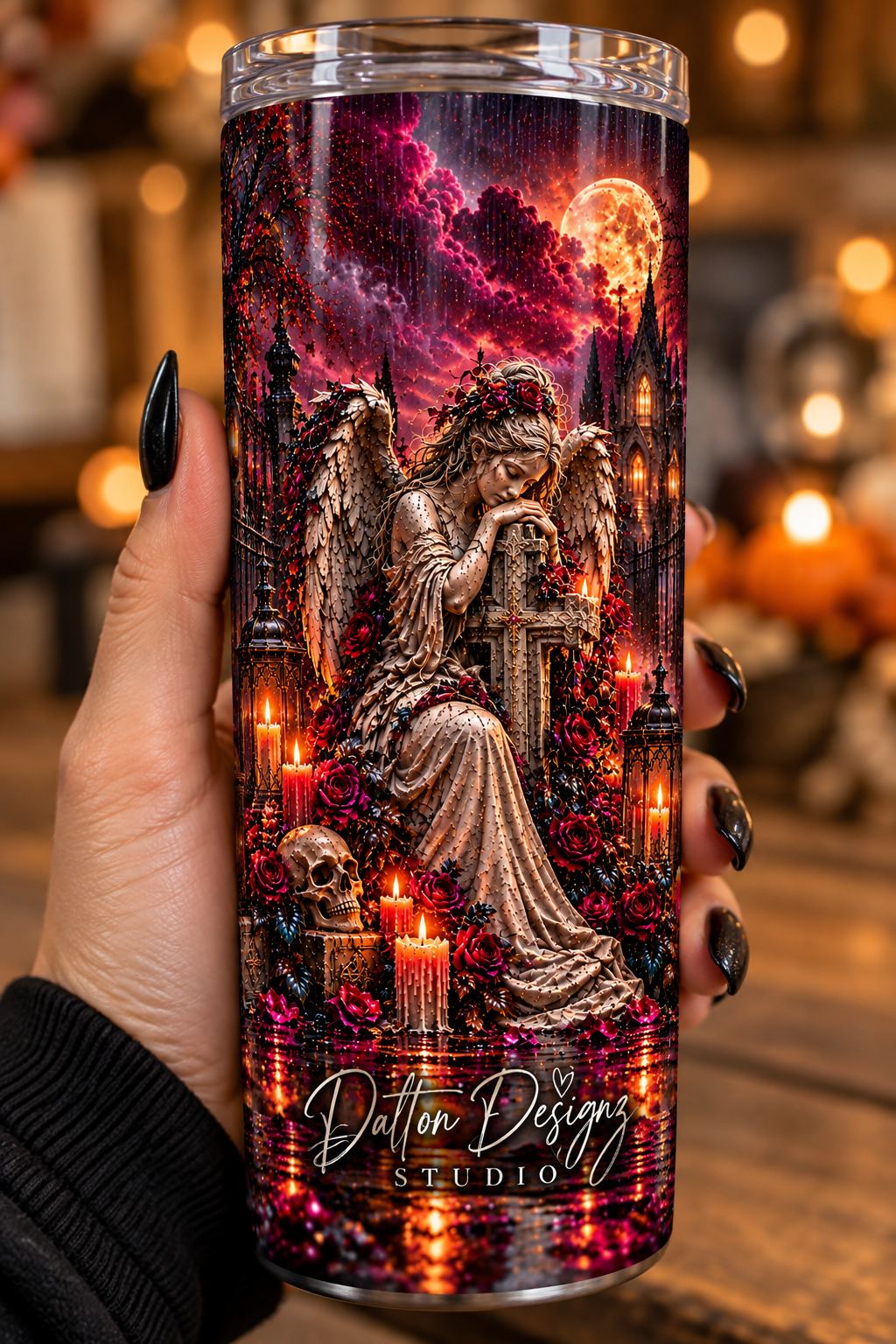 Gothic Weeping Angel & Crimson Roses Sublimated Tumbler