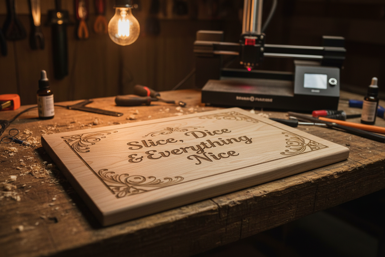 Close-up of handmade laser-engraved maple cutting board on workshop workbench with laser engraver in background