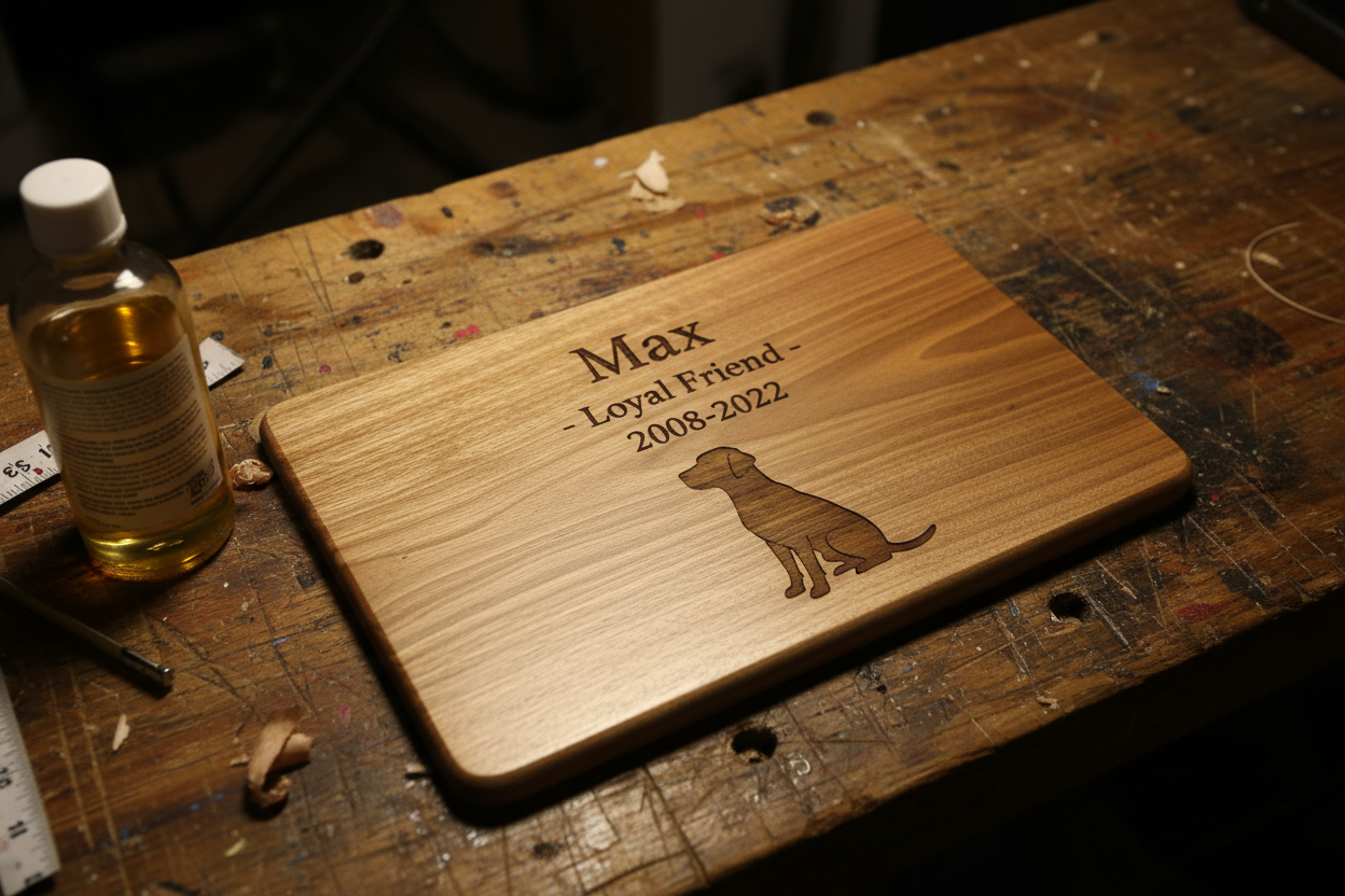 Handmade laser-engraved acacia pet memorial plaque with dog silhouette on workshop workbench
