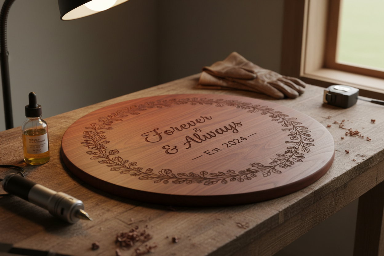 Close-up of handmade laser-engraved round cherry wood charcuterie board with floral border on workshop workbench