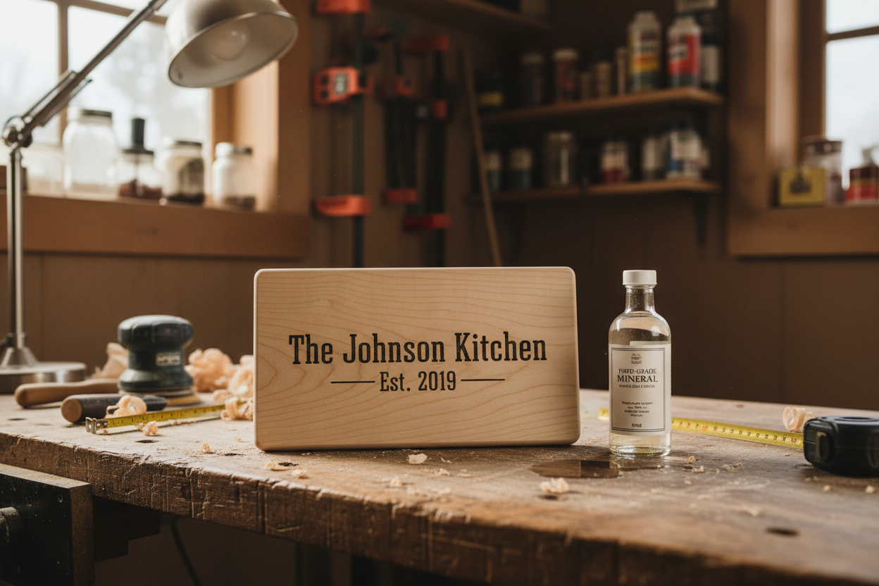Close-up of handmade laser-engraved small rectangular maple charcuterie board on workshop workbench