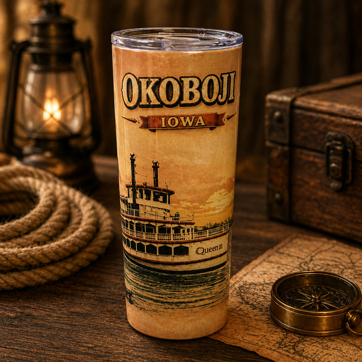 Okoboji Iowa Vintage Riverboat Tumbler – 20oz Skinny | Rustic Nautical Lake Design | Queen II Inspired