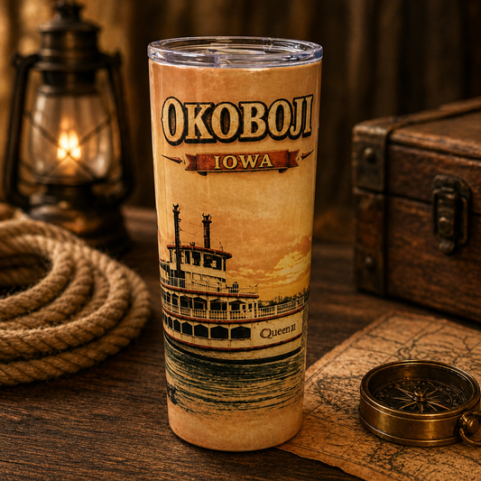 Okoboji Iowa Vintage Riverboat Tumbler – 20oz Skinny | Rustic Nautical Lake Design | Queen II Inspired