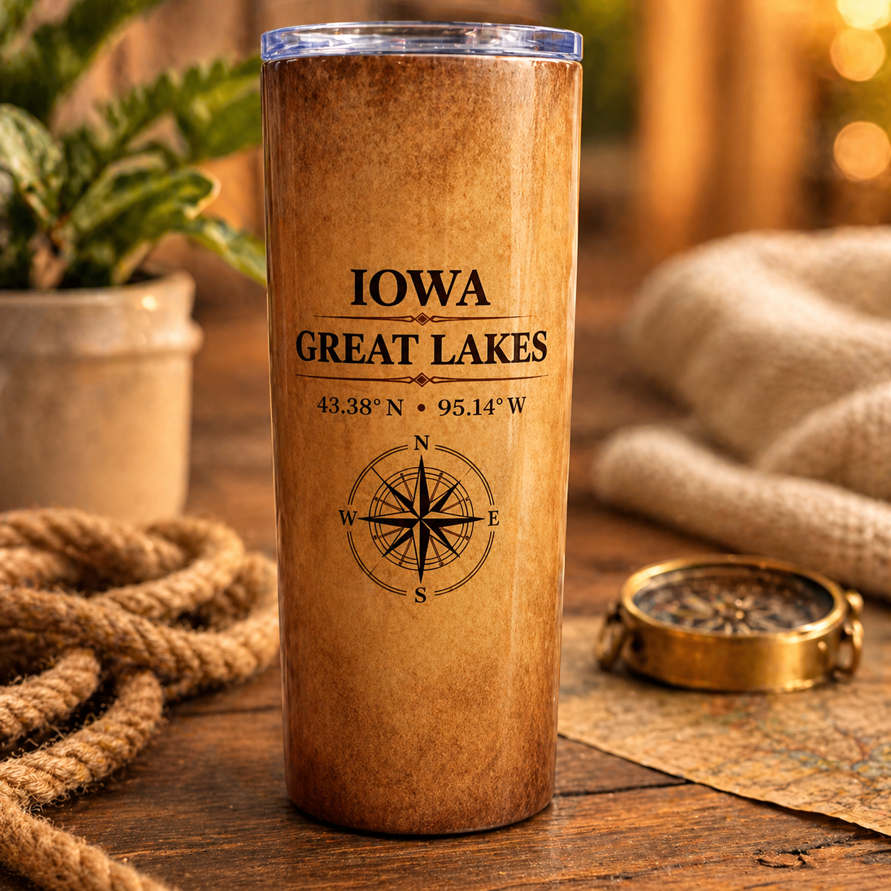 Iowa Great Lakes Compass Tumbler – 20oz Skinny | Minimalist Lake Coordinates | Modern Rustic Design
