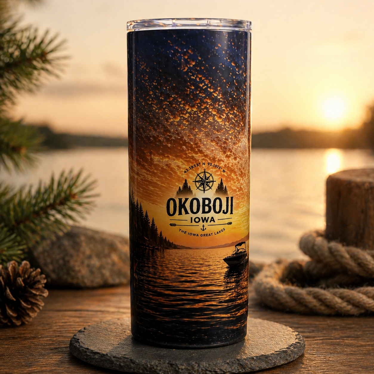 Okoboji Iowa Sunset Lake Tumbler – 20oz Skinny | Cinematic Sublimation Wrap | Iowa Great Lakes Gift