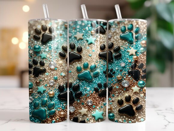 Dog Paw Print Tumbler, Bling Paw & Star Skinny Tumbler, Cute Pet Lover Gift Drinkware