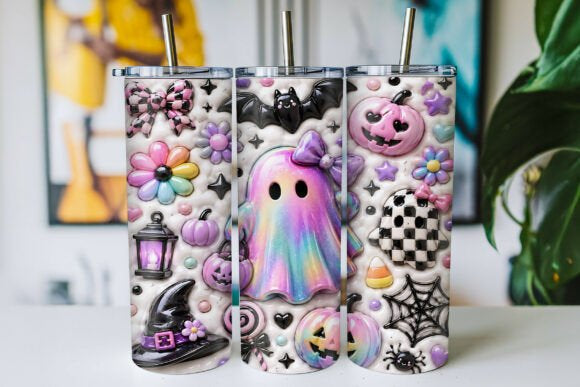 Spooky Cute Ghost Tumbler, Halloween Pink Ghost Skinny Tumbler with Straw, Witchy Pumpkin Drinkware