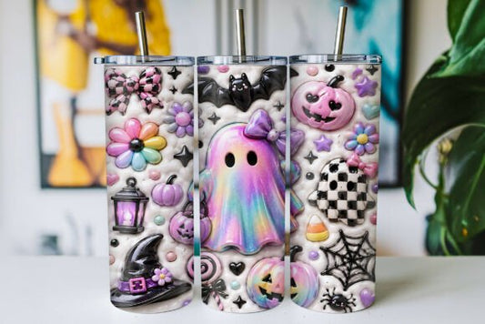 Spooky Cute Ghost Tumbler, Halloween Pink Ghost Skinny Tumbler with Straw, Witchy Pumpkin Drinkware