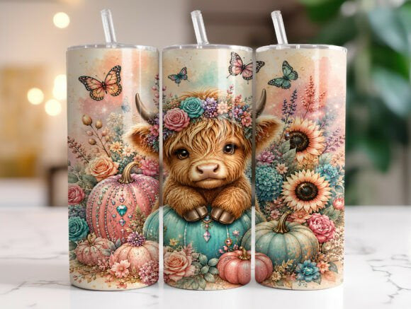 Fall Highland Cow Tumbler, Autumn Pumpkin & Sunflower Skinny Tumbler, Cute Floral Cow Gift