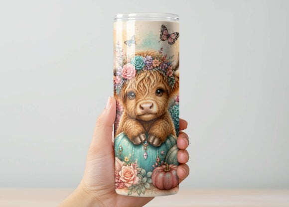 Fall Highland Cow Tumbler, Autumn Pumpkin & Sunflower Skinny Tumbler, Cute Floral Cow Gift