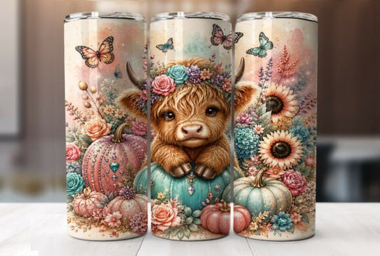 Fall Highland Cow Tumbler, Autumn Pumpkin & Sunflower Skinny Tumbler, Cute Floral Cow Gift