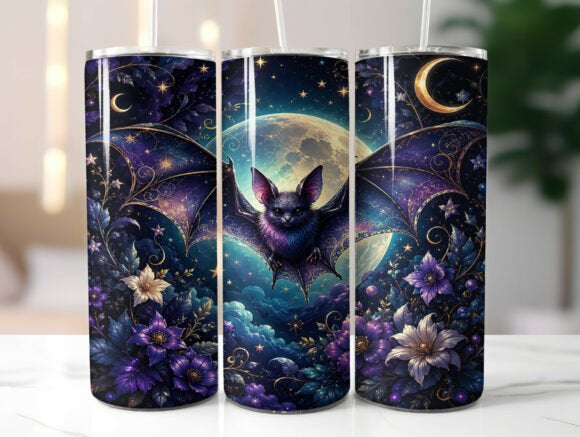 Midnight Bat Tumbler with Lid, Spooky Celestial Sublimation Travel Mug, Witchy Drinkware