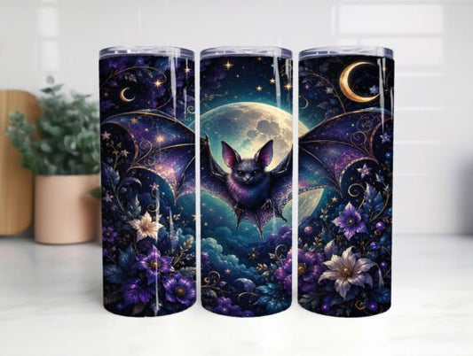 Midnight Bat Tumbler with Lid, Spooky Celestial Sublimation Travel Mug, Witchy Drinkware