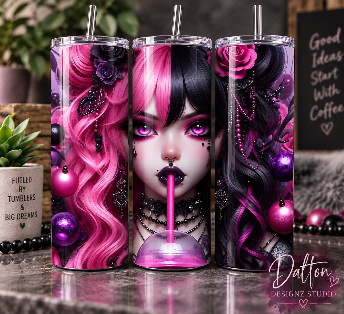 Goth Girl 20oz Skinny Tumbler, Pink & Black Split Hair Tumbler, Edgy Sublimation Drinkware