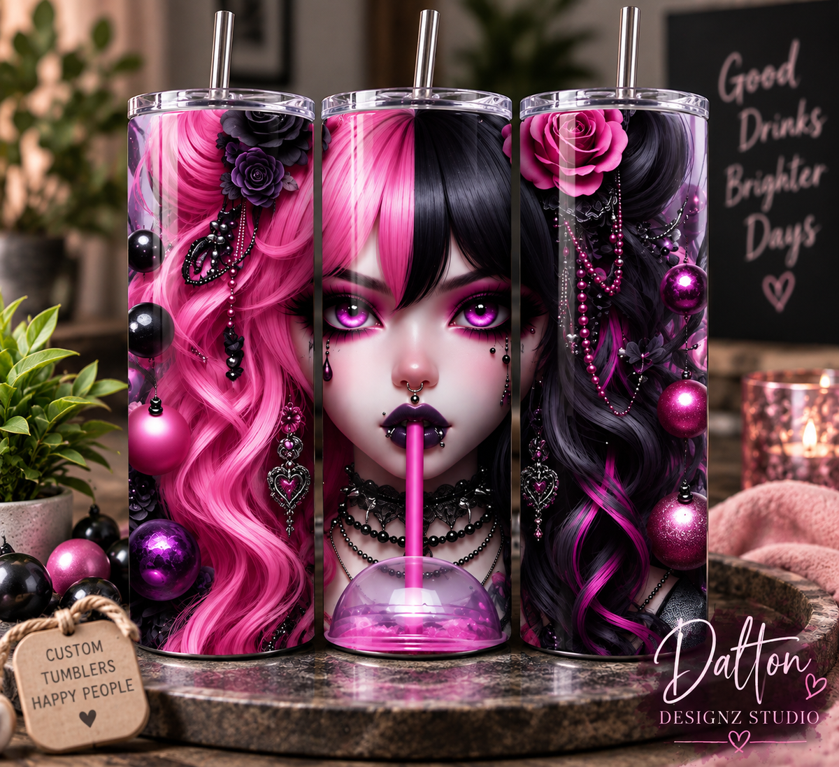 Goth Girl 20oz Skinny Tumbler, Pink & Black Split Hair Tumbler, Edgy Sublimation Drinkware