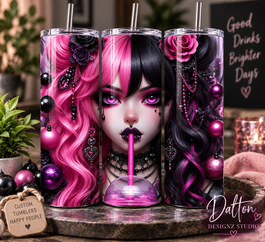 Goth Girl 20oz Skinny Tumbler, Pink & Black Split Hair Tumbler, Edgy Sublimation Drinkware
