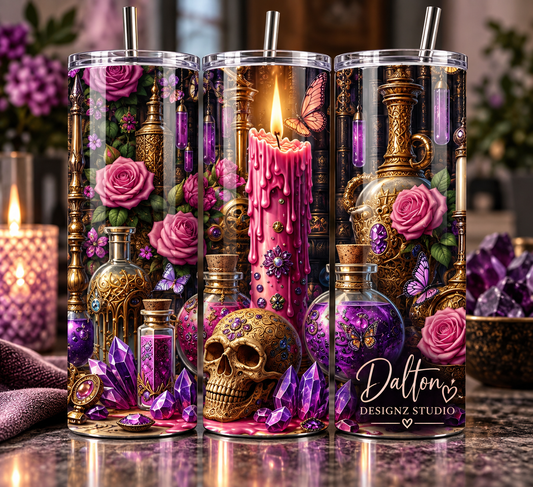 Purple Gothic Potion Tumbler, Spooky Skull & Rose Skinny Tumbler, Witchy Drinkware