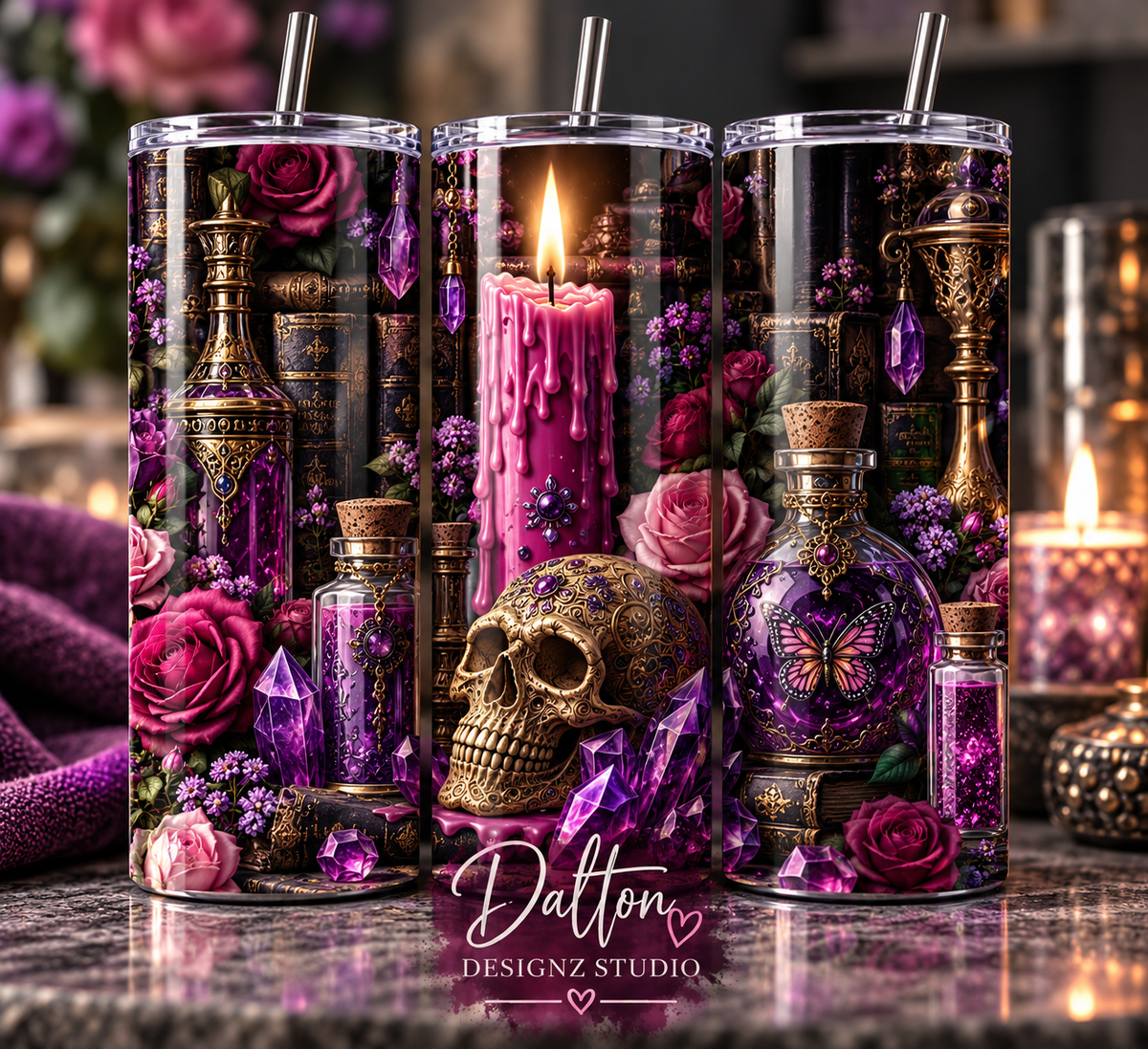 Purple Gothic Potion Tumbler, Spooky Skull & Rose Skinny Tumbler, Witchy Drinkware
