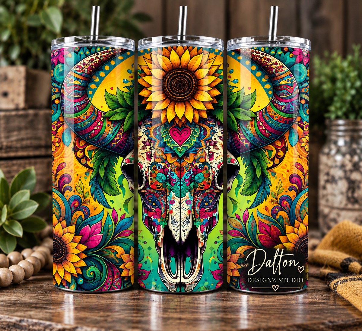 Sunflower Bull Skull Tumbler, Bohemian Floral Longhorn Skinny Tumbler, Country Drinkware