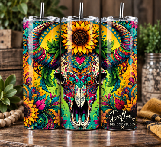Sunflower Bull Skull Tumbler, Bohemian Floral Longhorn Skinny Tumbler, Country Drinkware