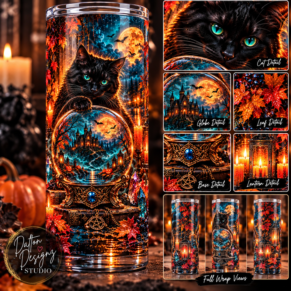 Spooky Autumn Black Cat Skinny Tumbler | Fall Pumpkins Stainless Steel Cup