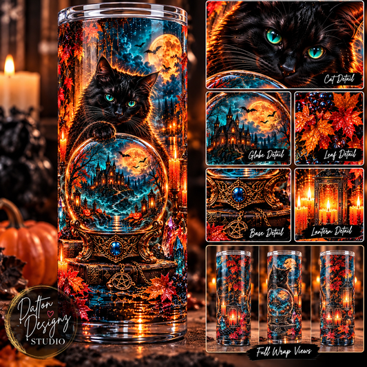 Spooky Autumn Black Cat Skinny Tumbler | Fall Pumpkins Stainless Steel Cup
