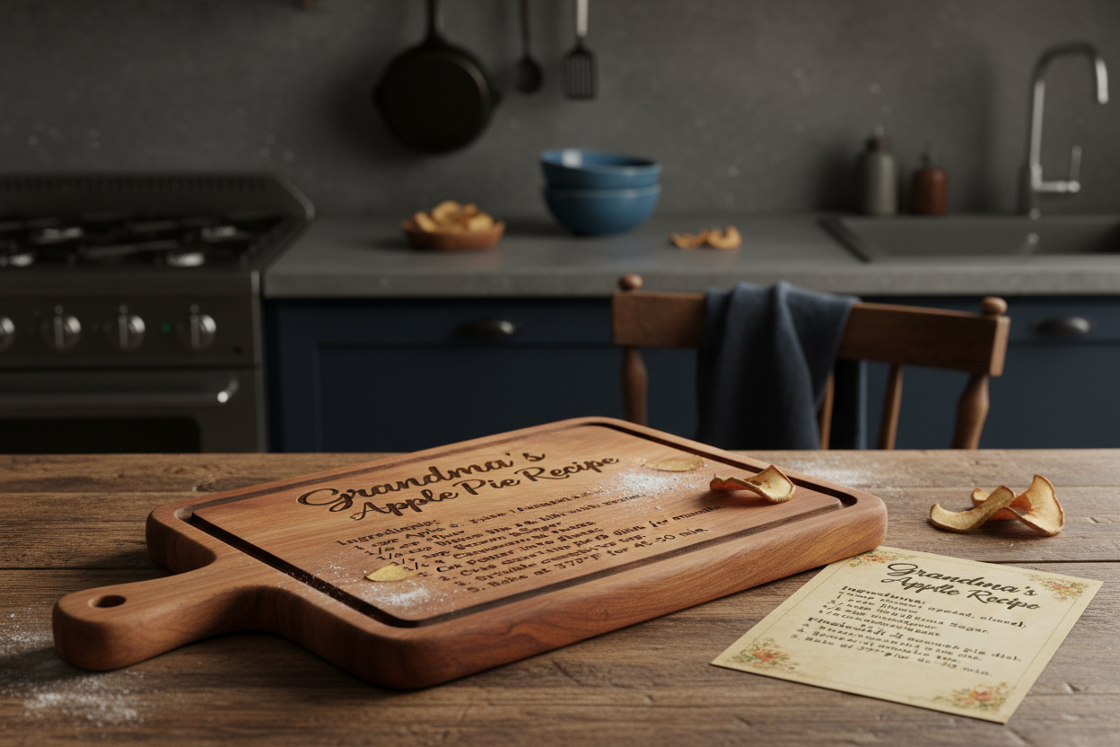 Grandma's apple pie recipe board with laser engraving