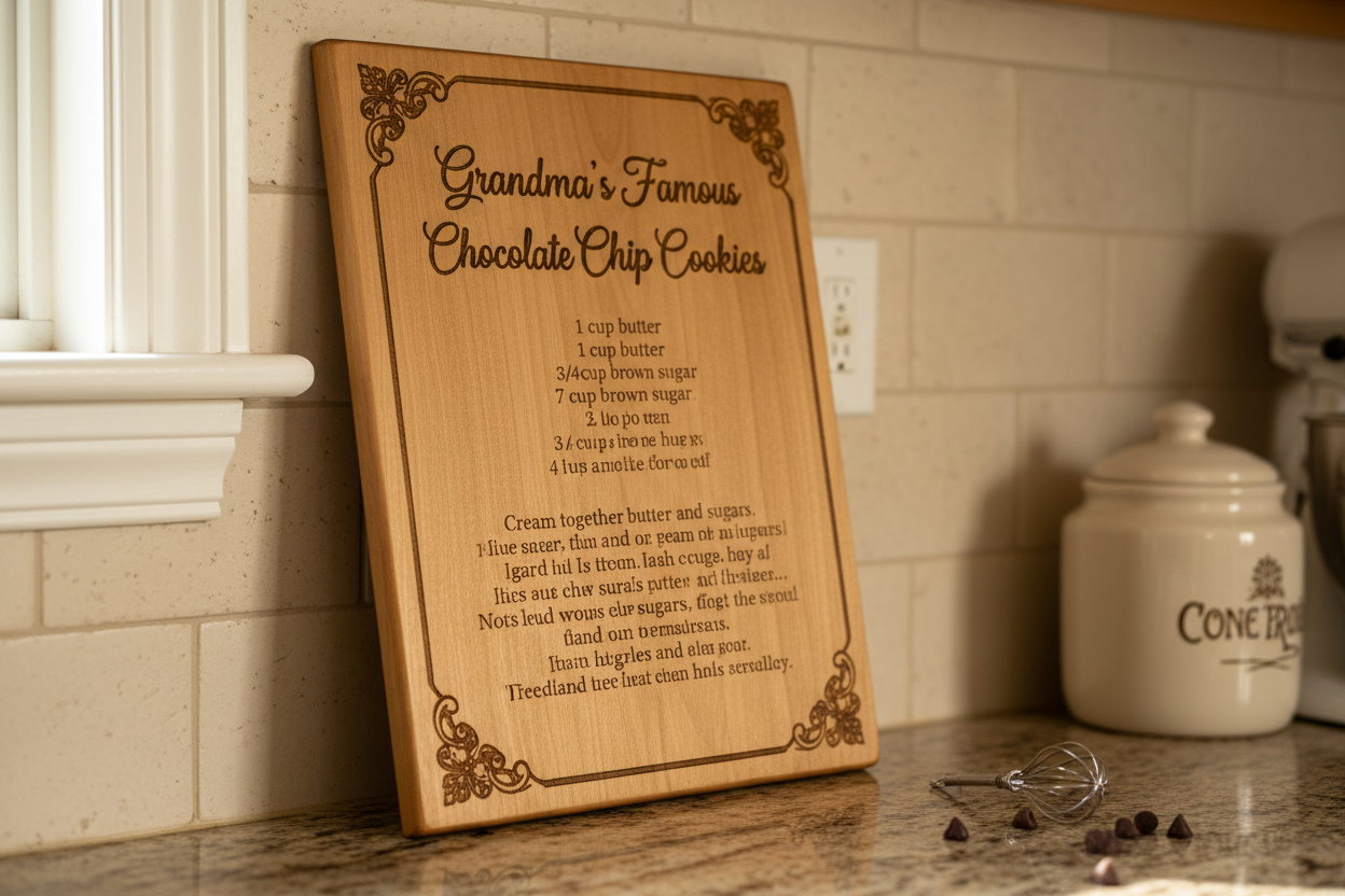 Handmade laser-engraved basswood recipe board with family recipe and decorative border on kitchen counter