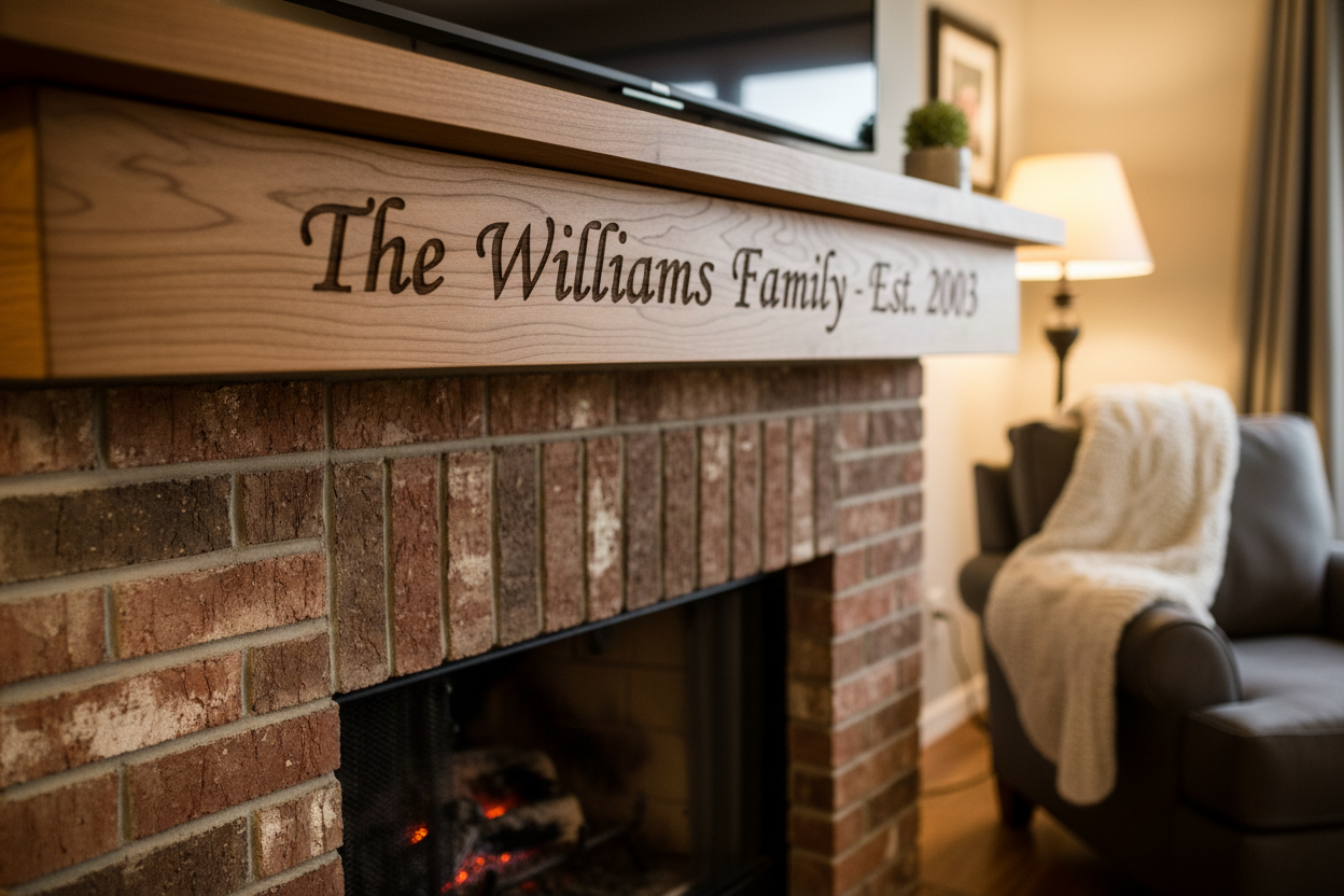 Handmade laser-engraved walnut stained wooden fireplace mantle with family name above brick fireplace