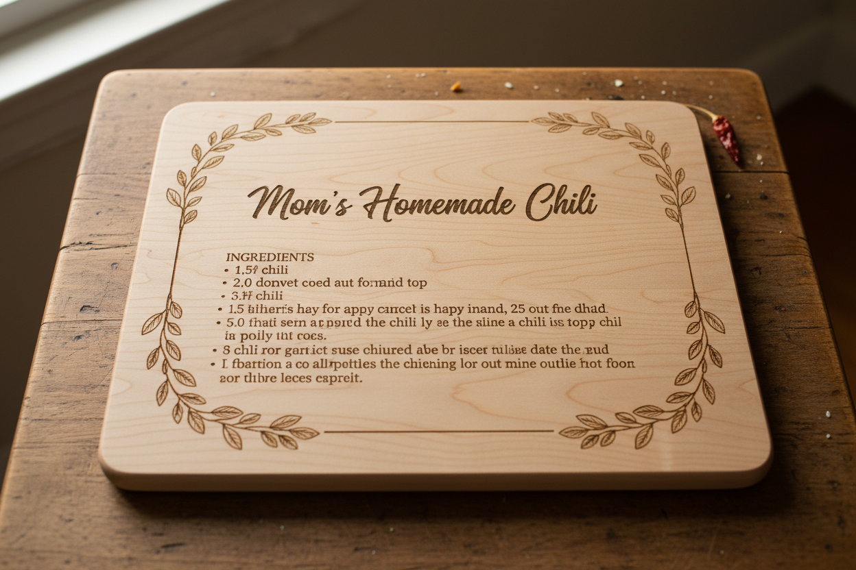 Close-up of handmade laser-engraved maple recipe board with engraved recipe on kitchen table