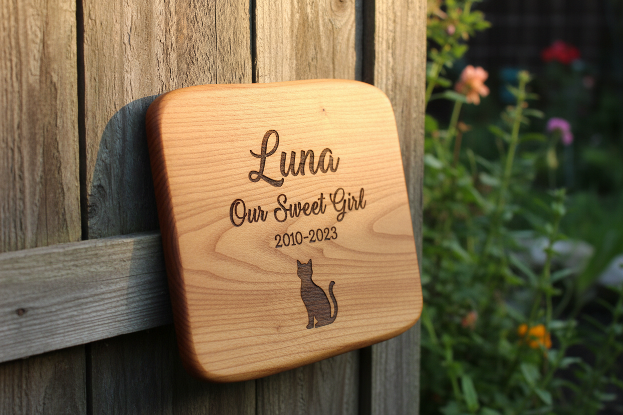 Handmade laser-engraved basswood pet memorial plaque with cat silhouette propped against garden fence