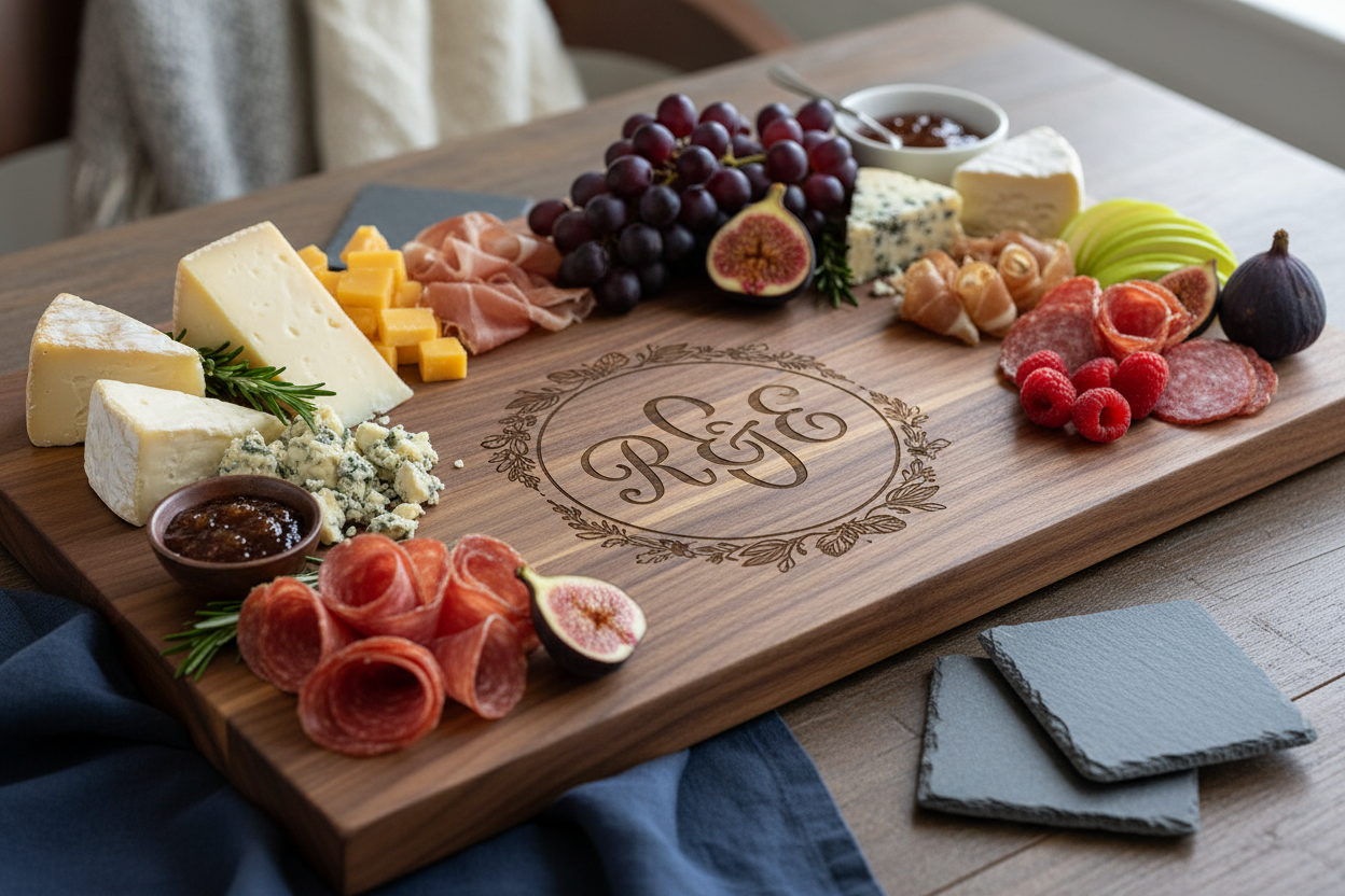 Personalized walnut charcuterie board with laser engraved monogram