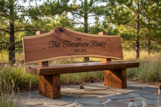 Custom laser engraved wooden bench with family name