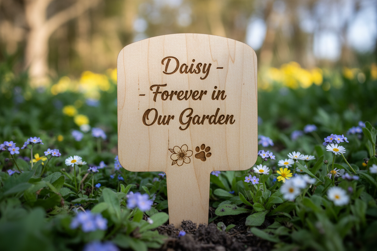 Handmade laser-engraved basswood pet memorial garden marker stake with paw print in garden