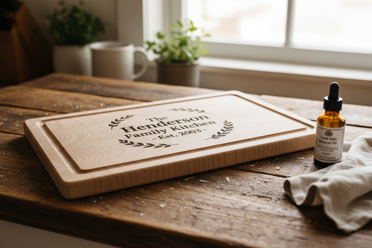Handmade laser-engraved maple cutting board on rustic kitchen counter with mineral oil finish