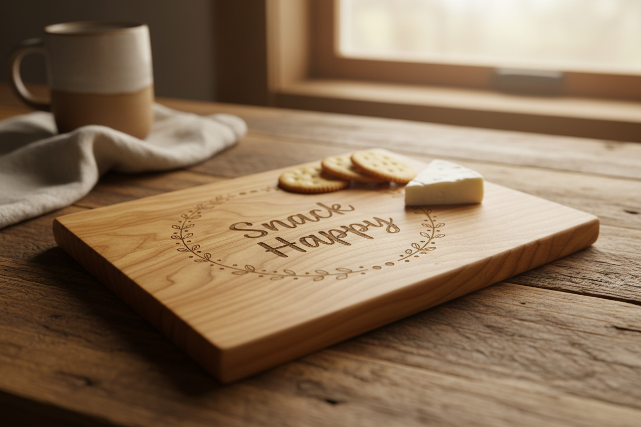 Handmade laser-engraved small rectangular maple charcuterie board with crackers and cheese on kitchen counter