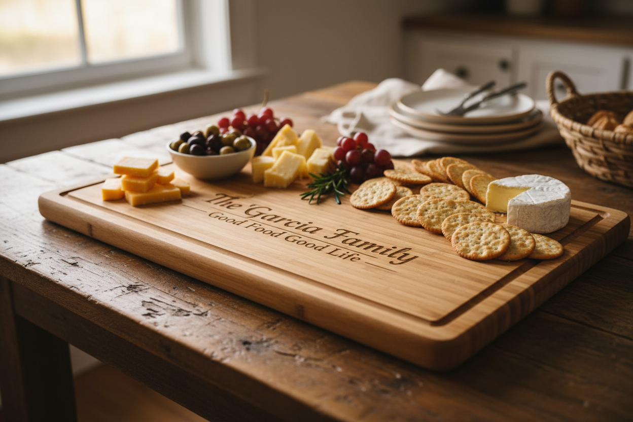 Handmade laser-engraved large bamboo charcuterie board styled with olives cheese and crackers on farmhouse table