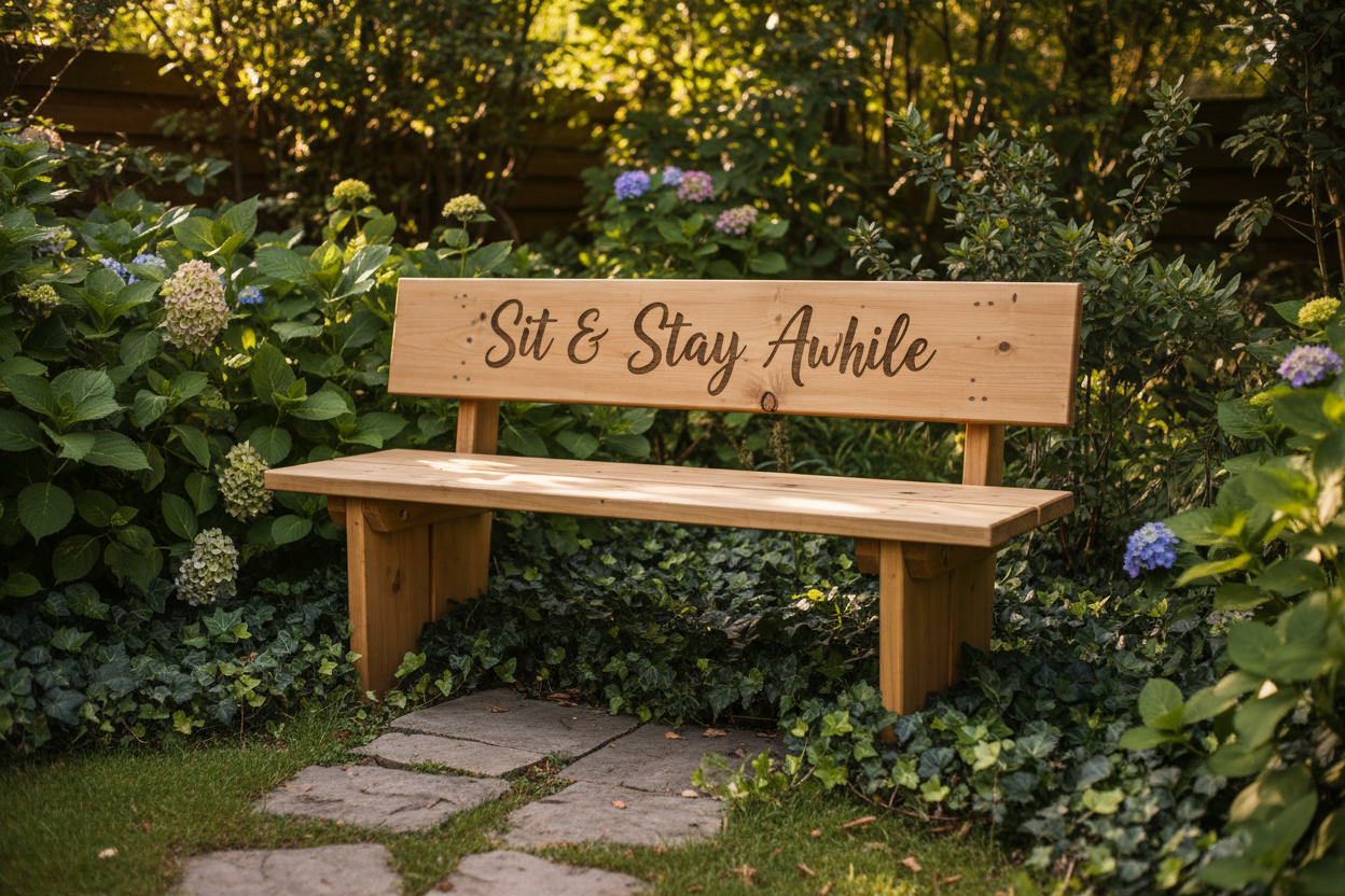 Handmade 4ft decorative wooden garden bench with laser engraving in backyard garden setting