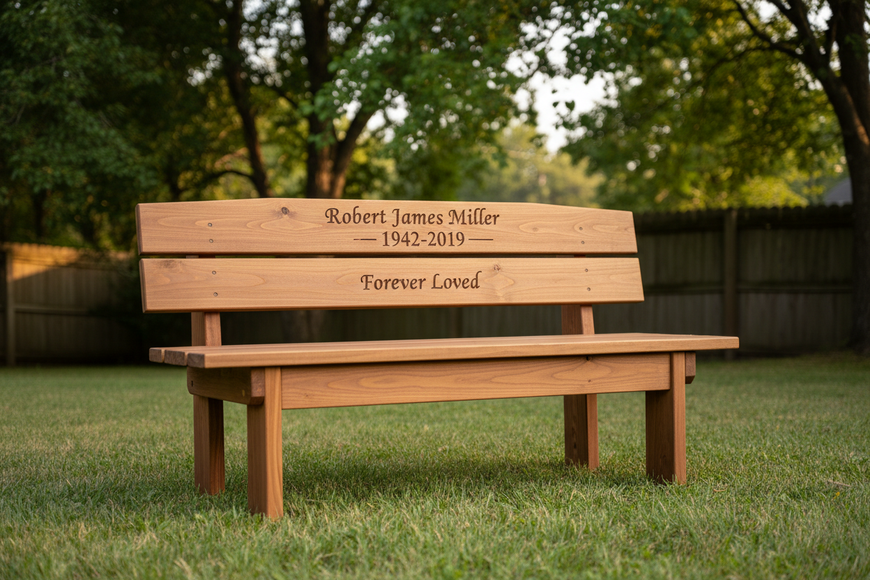 Handmade 4ft wooden memorial bench with walnut stain and visible laser engraved memorial text on backrest
