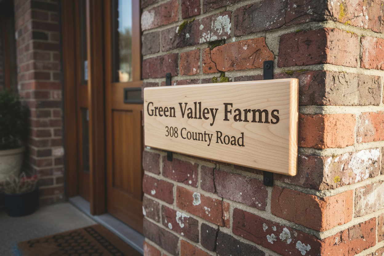 Handmade laser-engraved business sign on basswood with poly finish mounted on rustic brick wall