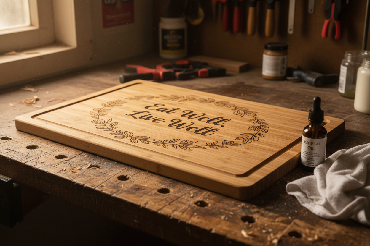 Close-up of handmade laser-engraved large bamboo charcuterie board with leaf border on workshop workbench