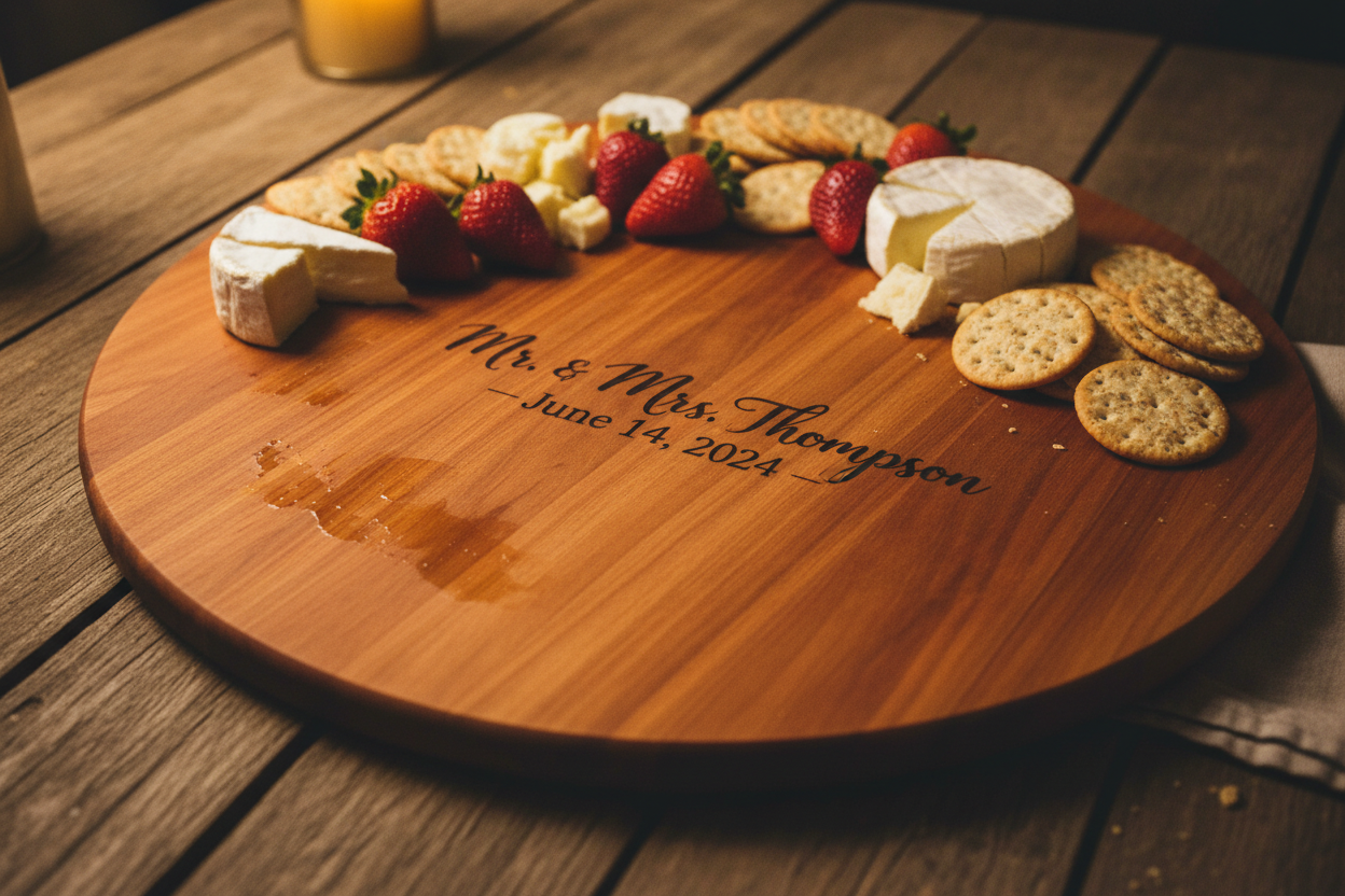 Handmade laser-engraved round cherry wood wedding charcuterie board styled with cheese and strawberries