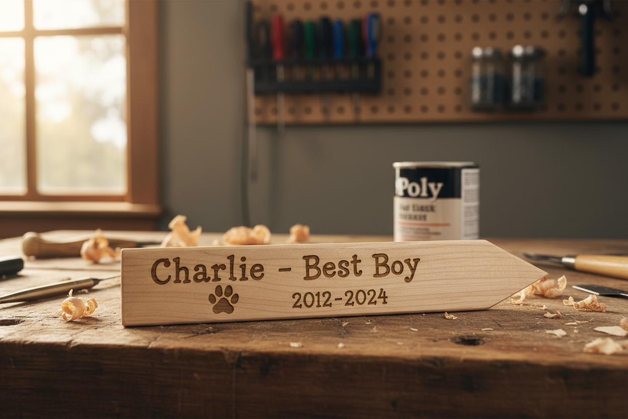 Close-up of handmade laser-engraved basswood pet memorial garden marker with dog paw print on workbench