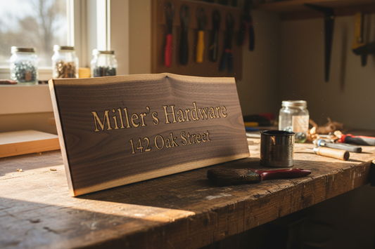 Handmade laser-engraved business name and address sign on acacia wood with walnut stain in workshop