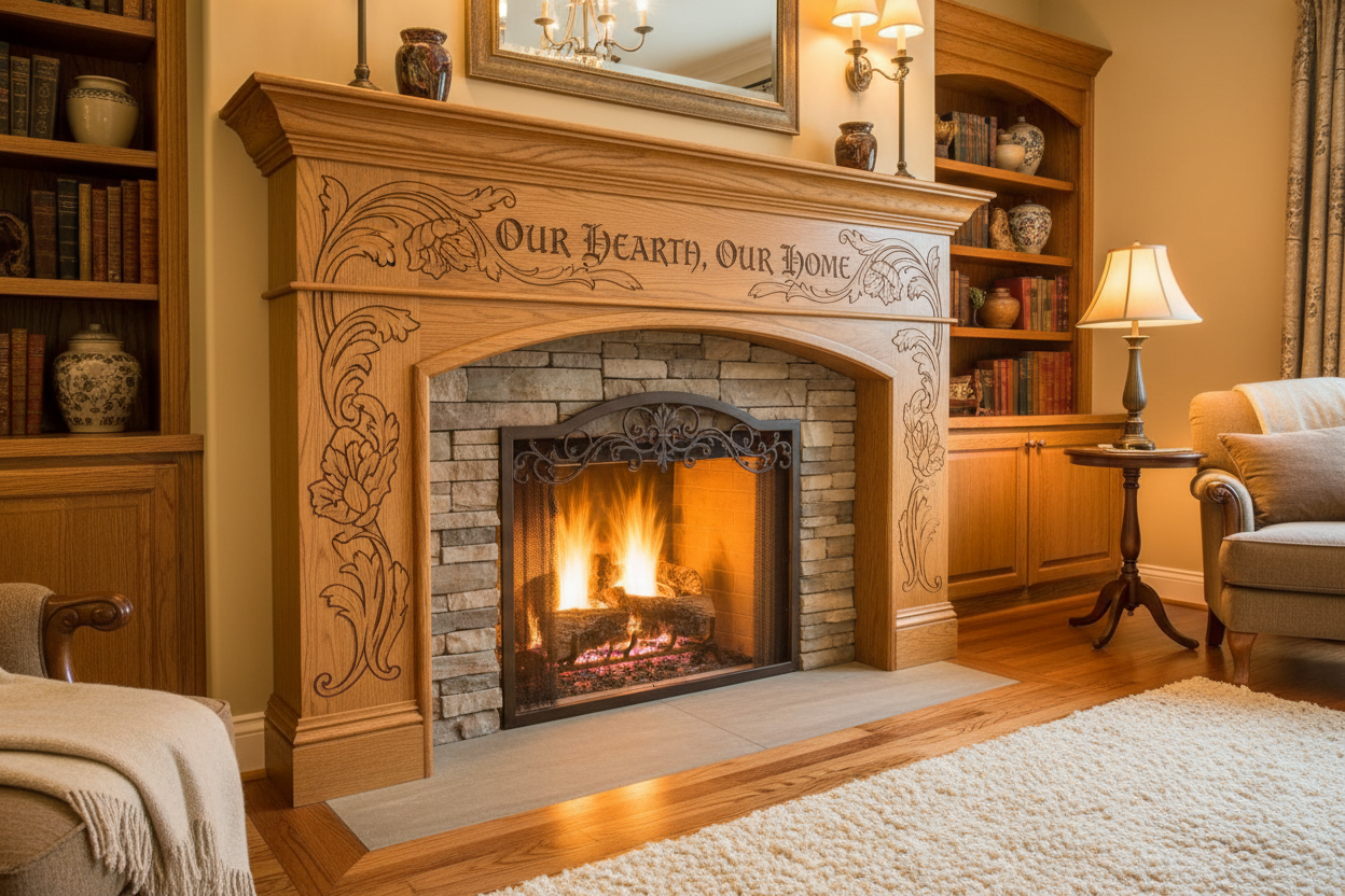 Laser engraved fireplace mantle