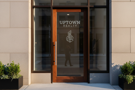 Uptown Realty storefront door with laser engraving